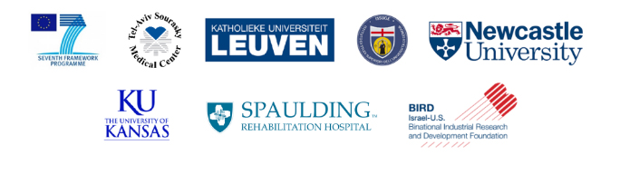 Image of 8 logos showing GaitBetter’s partners and supporting organizations for research into its VR treadmill technology including Newcastle University, The Israel-United States Binational Industrial Research and Development Foundation, Spaulding Rehabilitation Hospital, Katholieke Universiteit Leuven, The university of Kansas, European Union’s The 7th Framework Programme for Research and Tel-Aviv Sourasky Medical Center