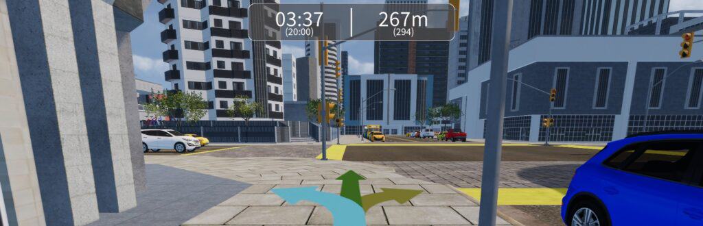 Computer screenshot from GaitBetter's VR walking platform for fall prevention and gait training showing VR environment in a city with arrows directing where the patient needs to walk
