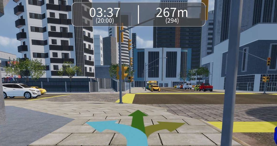 Computer screenshot from GaitBetter's VR walking platform for fall prevention and gait training showing VR environment in a city with arrows directing where the patient needs to walk