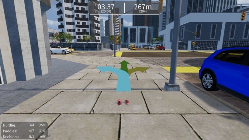 Computer screenshot from GaitBetter's VR walking platform for fall prevention and gait training showing VR environment in a city with arrows directing where the patient needs to walk