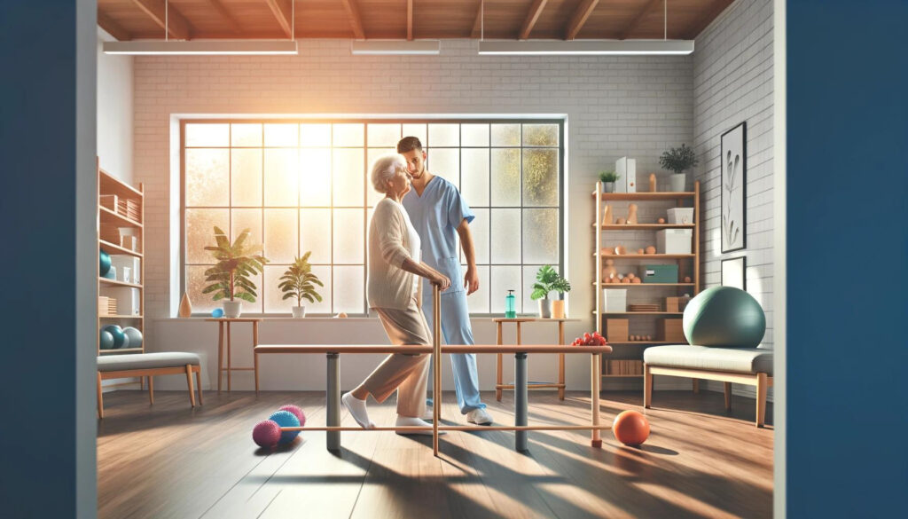 Elderly person engaging in dynamic balance training with a physiotherapist in a rehabilitation clinic.