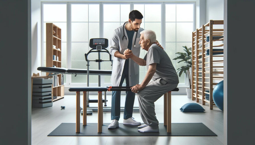 Elderly patient practicing balance exercises with physiotherapist in a clinic for fall prevention