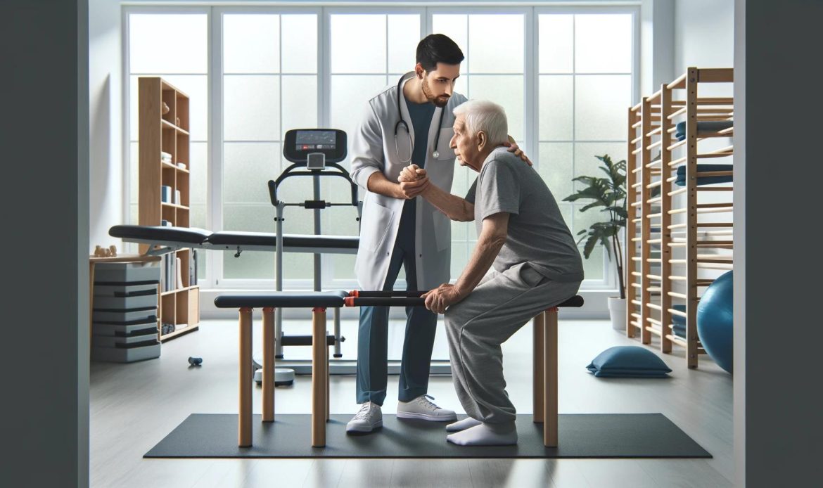 Elderly patient practicing balance exercises with physiotherapist in a clinic for fall prevention