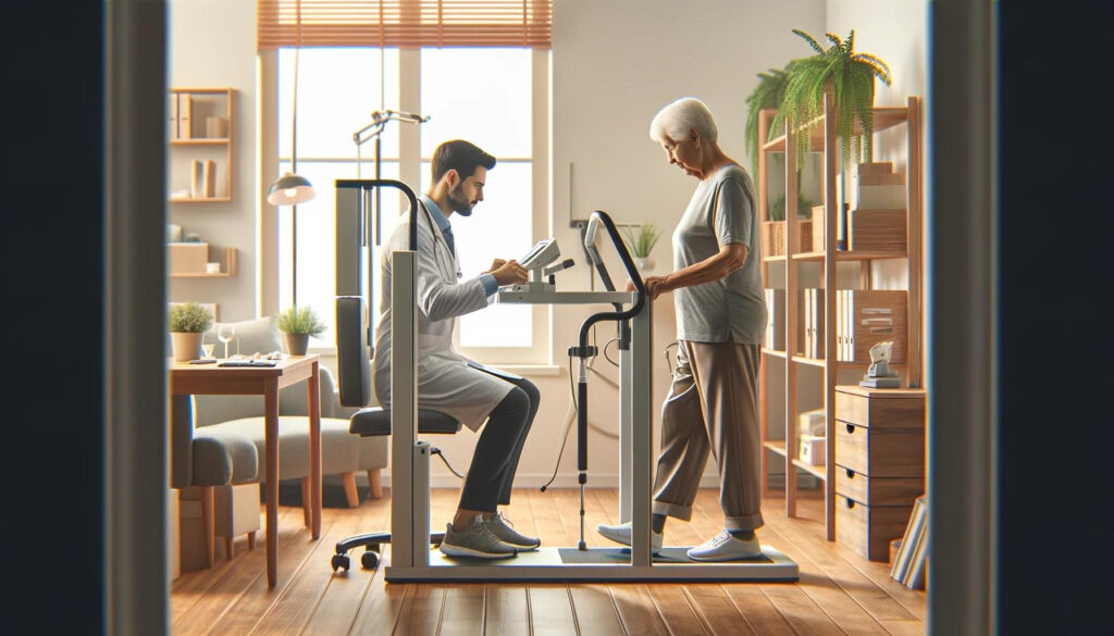 Healthcare provider conducting fall risk assessment with elderly patient using balance equipment in a clinic.